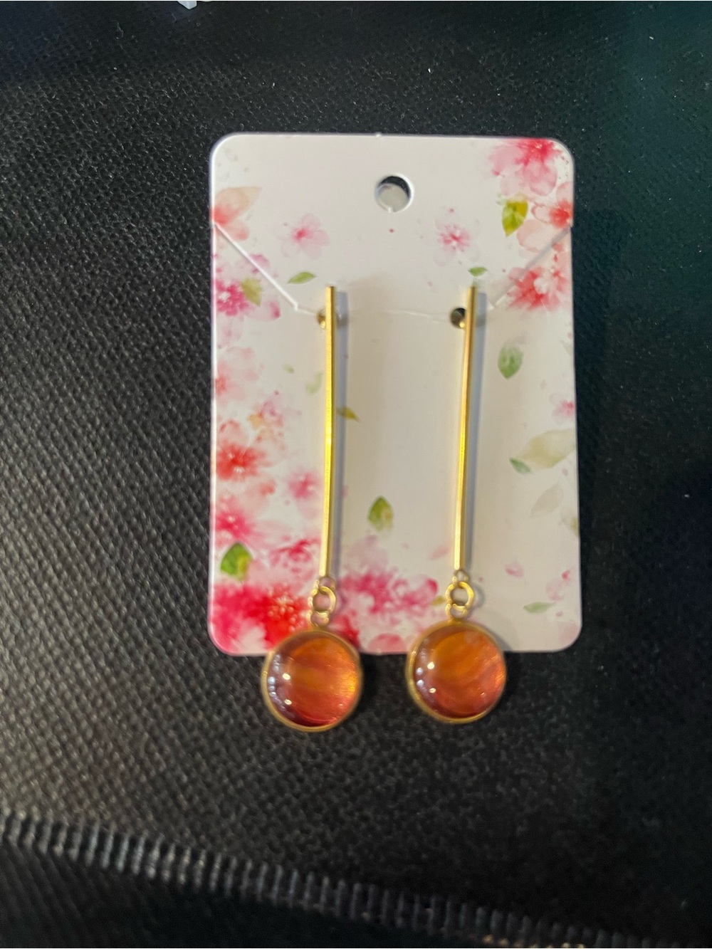 Gold Drop Earrings with Orange Cabochon art made